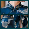 Roupas étnicas Elegante Primavera e Outono Mid-Length Split Cheongsam Estilo Chinês Melhorado Slim-Fit Banquete Vestido Azul Escuro Qipao