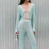 Kvinnors stickor 2023 Tidig höst Fashion Elegant Mint Green Beaded Magic Sequined Cardigans Women Runway Långärmad Deep V Neck -knapp