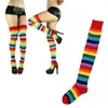 Meias femininas acima do joelho, meias longas de poliéster e algodão, meias altas, arco-íris, listras coloridas