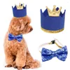 Abbigliamento per cani 2 pezzi Pet compleanno corona cappello farfallino Set gatto paillettes papillon bambini Perros Accessori Cascos Para Moto Chihuahua