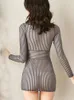 Casual Dresses Summer Women's Dress Stripe Pencil Elegant For Women V Neck Long Sleeve Sheer See Through Sexy BodyCon Push Up Hip