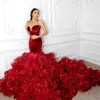 Aso ebi Burgundy Mermaid Wedding Dresses Sheer Organza Ruffles Tiered Long Sweep Train Bridal Gowns