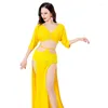 Stage Wear Belly Dancing Performance Outfit For Women Girl's Gauze Blingbling Top Split Long Skirt 2pcs Adult Dance Practice Costumes