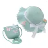 Chapeaux enfants paille chapeau de soleil tressé dentelle coupe-vent sangle fixe filles sac ensemble Po Prop chapeaux