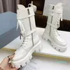 Designer -white Leather Nylon pouch Ankle Combat Boots platform Wedges round Toe block heels Flat booties chunky luxury for women factory footwear