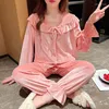 Women's Sleepwear Sexy Sweet Lace Home Clothes Court Style Velvet Pajamas Set Long Sleeve Cardigan Pants Intimate Lingerie Loungewear