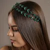 Hårklipp stonefans lyxigt grönt kristall pannband lämnar tillbehör boho brud tiara strass bröllop smycken för kvinnor