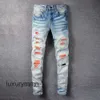 Jeans Amirrs T Shirts Designer 2023 Jean Casual Hip Hop Worn Out and Washed Splash Ink Color Painting Slim Fit Men's IC2D