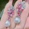 Orecchini pendenti di lusso in argento sterling 925 barocco con perle d'acqua dolce orecchino a forma di fiore pavimenta rosa CZ zircone cristallo due modi gioielli orecchio per