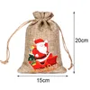 Present Wrap Christmas Linen Packaging Bag Santa Claus Elk Print Drawstring Cookie Candy Pouch för Xmas Year Party Presents förvaring