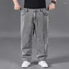 Jeans masculinos plus size 46 48 50 solto elástico cintura alta tubo reto calças de grandes dimensões lazer profunda virilha obesidade