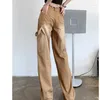 Spodnie damskie brązowiskowiste żółte damskie dżinsy w wysokim talii vintage prosto w lupgy dżinsowe streetwear amerykańskie mody szerokie nogi spodni