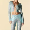 Kvinnors stickor 2023 Tidig höst Fashion Elegant Mint Green Beaded Magic Sequined Cardigans Women Runway Långärmad Deep V Neck -knapp