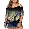 Kvinnors plus size tshirt cutout blommor tryck paljett tunika t shirt sommar kvinnlig av axel pullover toppar korta ärm femininas gordinha 230906