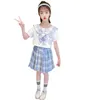 Kleidung Sets 2023 Teenager Sommer Mode Kind Grundschule Mädchen JK Uniform Bogen Sailor Kragen Bluse Hemd Plaid Falten Rock 2 teil/satz