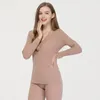 Vêtements de nuit pour femmes, ensemble de sous-vêtements thermiques en laine de soie, tricot côtelé de mûrier, col en v, dentelle, vêtements Slim, automne et hiver