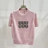 ピンクの女性編みTシャツレターラインストーンデザインティーティー丸い首のニットトップス