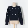 Kvinnors tröjor Argyle Hollow Out Stars Jacquard Knit Vit tröja Kvinnor Runda nacke puffhylsa Svart 2023 O Pullover Jersey Mujer