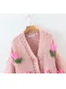 Kvinnors tröjor Street Fashion Women Sticked Cardigan Autumn Winter Handmade Tulpan Decoration Lantern Sleeve Sweater Coat Female 230906