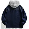 Herren Jacken Männer Denim Jacke Herbst Gefälschte Zweiteilige Kapuze Oversize Retro Mode High Street Taktische Mantel Trendy Marke Stil 230906