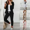 Pantaloni a due pezzi da donna 1 set Abito formale elegante Manica regolare Pantaloni a vita elastica con blazer a due pezzi da donna a punto aperto