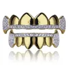 18K echtes Gold Zähne Grillz Caps Iced Out Top Bottom Vampire Fangs Dental Grill Set Großhandel k3