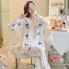 Mulheres sleepwear viscose mulheres 2pcs pijama terno manga longa impressão flor sono conjunto bonito adorável lingerie íntima casual roupas de casa