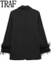 Kombinezony damskie Blazers Traf Black Feather Blazer Woman Button Fashion Woman Casual Eleganckie kurtki z długim rękawem Zimowe płaszcze 230906