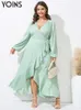 Plus size Dresses YOINS Size Ruffled Maxi Dres Long Sleeve Sexy V Neck Bandage Wrap Elegant Party Vestidos Casual Solid Knotted Robe 230905