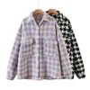 Kadın Ceketler Jyate Moda Bin Kuş Ekose Yün Gömlek Tek Göğüslü Sıcak Sonbahar Bluz Uzun Kollu Kış Kış Sonbahar Kısa Ceket 230906
