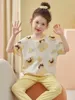 Pijamas femininos crianças pijamas de verão meninas manga curta calças compridas em torno do pescoço conjunto bebê pai-filho dos desenhos animados mobiliário doméstico dois terno