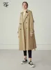 Kvinnor Trench Coats Fsle 100% Cotton Khaki Long Women Coat Autumn Winter Slå ner krage kläder Kausal full ärmbälte 230906