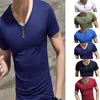 Costumes pour hommes A2567 Mode Fitness Col en V T-shirt à manches courtes Été Casual Gym Couleur unie Tops Plus Taille Slim Polyester T-shirts