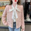 Damenjacken Elegante Herbst Rosa Wollwebart Jacke Mantel Französisch Kleine Duftende Frauen O Neck Langarm Plaid Tweed Quaste Taschen