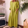 Lässige Designer-Kleider, luxuriöses Damen-Maxikleid aus Baumwollleinen, übergroß, weiße Taschen, O-Ausschnitt, solide, lang, Frühling, Sommer, 2023, modische, lockere Kleidung, Damenbekleidung