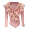 Pulls pour femmes col en V perles strass 3D fleur patchwork dentelle volants mignon pull tricoté chemise