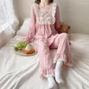 Женская пижама с длинным рукавом, пижамный комплект, брюки, костюм, пижама, женская пижама в японском стиле, милый свободный хлопок, кружево, квадратный воротник, домашняя одежда D254