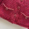 レディースウールブレンド秋の赤い格子縞のパターンツイードジャケット女性Oネックゴールドボタンチェーンポケットヴィンテージスウィートコート230905