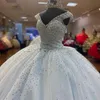 2023 Quinceanera Dresses Light Blue Ball Gown Off Off Shouldeld Squardined Lace Crystal Beadsスパンコールプラスサイズ甘い16コルセットフォーマルパーティープロムイブニングガウン