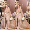 Arabe luxe perles sirène robes de mariée 2020 col haut manches longues illusion détachable train Abendkleider robes de mariée248l