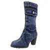 Blue Jeans Boots 여자의 중급 로마 로마 솔리드 슬립 온 Med Heels Boots Girls Shoes for Girls 신발을위한 큰 크기 35-43
