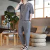 Herrspårar Summer Chinese Traditional Linen Tang Suit Cotton T-Shirt Pants