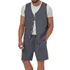 Herrespår 2023 Sommarväst och shorts Casual Two Piece Set Cotton Linen Solid ärmlös Button Cardigan Tank Top Suits Outfits Man