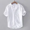 Camisa de lino de algodón para hombre, camisas de vestir de manga corta sólidas informales ajustadas con botones, camisas de vestir de calidad mandarín para hombre, Camisa Masculina320V