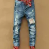 Модные мужские повседневные прямые джинсы Ретро узкие джинсы скинни Модельер рваные мужские хип-хоп Голубые джинсовые брюки242O