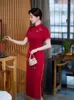 Etniska kläder yourqipao sommarsilke lång röd cheongsam catwalk bankett retro evenemang värd qipao kinesisk stil kväll bröllop klänning för