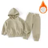 Jerseys 2024 Autumn Winter Children s Solid Color Fleece Long Sleeve Sports Set Boys and Girls Hooded Sweater Pants Two Piece 230906