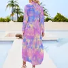 Casual Dresses Tie Dye Texture Chiffon Dress Pastel Pink Blue Yellow Retro Long Sleeve Streetwear V Neck Graphic Oversized