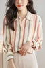 Kvinnors blusar 2023 Autumn Colorful Rands Silk Women Satin Shirt Korea Vintage Contrast Color Blouse Ladies Tops Button Up Long Sleeve