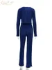Женские брюки из двух предметов Clacive, модные комплекты футболок с длинными рукавами, облегающий синий плиссированный комплект, уличная одежда, элегантные широкие брючные костюмы 230905
